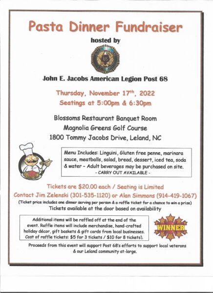 Seats still available for the Lelan American Legion Post #68 Pasta Dinner Fundraiser