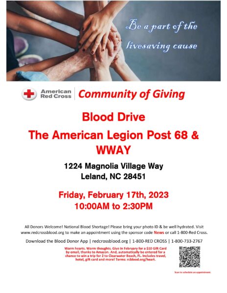 Blood drive sponsored by John E. Jacobs American Legion Post #68, WWAY and the Red Cross.