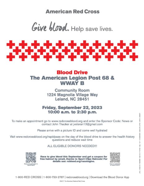 John E. Jacobs American Legion Post #68 Blood Drive Friday, Sept. 22