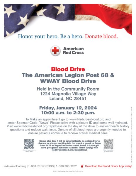 Blood Drive, Jan. 12th, 2024 – American Legion Post #68 Leland & WWAY